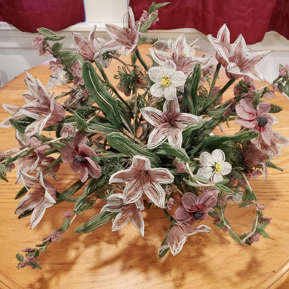 Vintage French Glass Beaded Flowers & Vase in Pink/White/Yellow. Bouquet 18"w.
